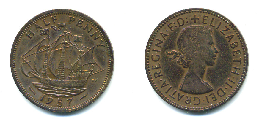 Великобритания 1/2 пенни 1957 Елизавета II (1952-2022) KM 896, Spink 4158 бронза 59-816
