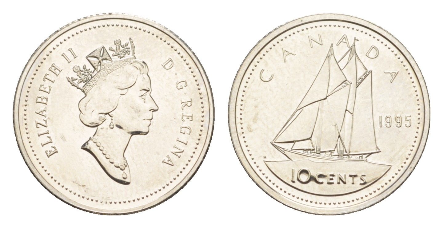 Канада 10 центов 1995 Елизавета II (1952-2022), парусник KM 183 никель UNC 4639-658