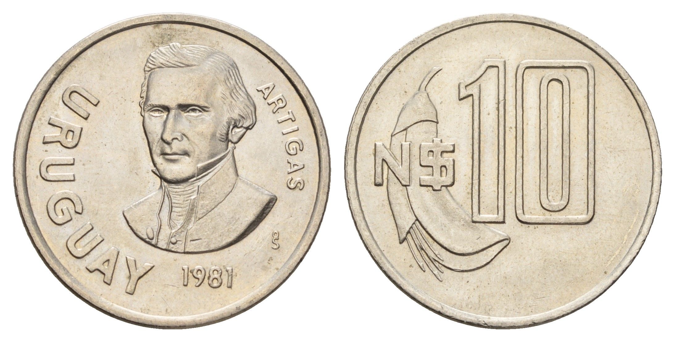 Уругвай 10 песо 1981 Хосе Хервасио Артигас, год-тип KM 79, Schoen 55 медно-никель UNC 4675-633