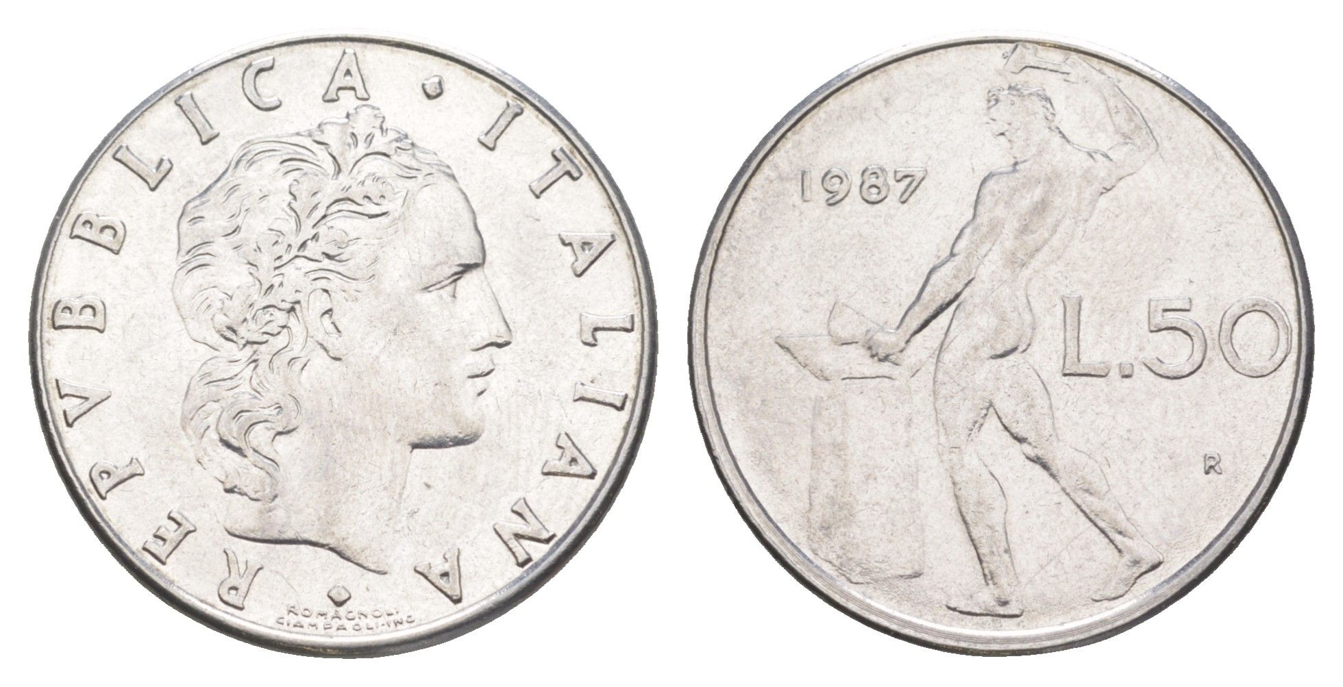 Италия 50 лир 1987 R, бог огня Вулкан у наковальни KM 95.1 нержавеющая сталь 4551-1151