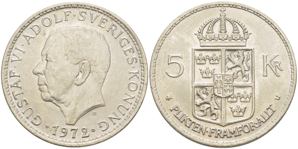 Швеция 5 крон 1972 U, Густав VI Адольф (1950-1973) KM 846 никель плакированный медно-никелем UNC 4542-115