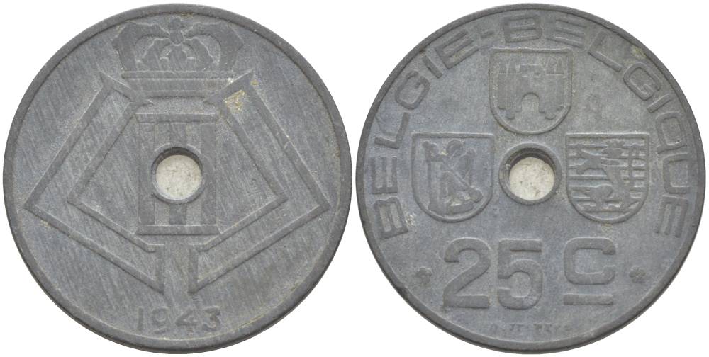БЕЛЬГИЯ 25 САНТИМОВ 1943 BELGIE-BELGIQUE, ГЕРМАНСКАЯ ОККУПАЦИЯ, ВТОРАЯ МИРОВАЯ ВОЙНА KM 132 цинк 4546-157