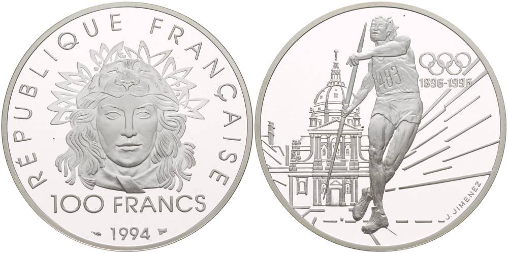 Франция 100 франков 1994 100 лет Олимпийскому движению (1896-1996), копьеметатель KM 1048 серебро PROOF 1081-8-51