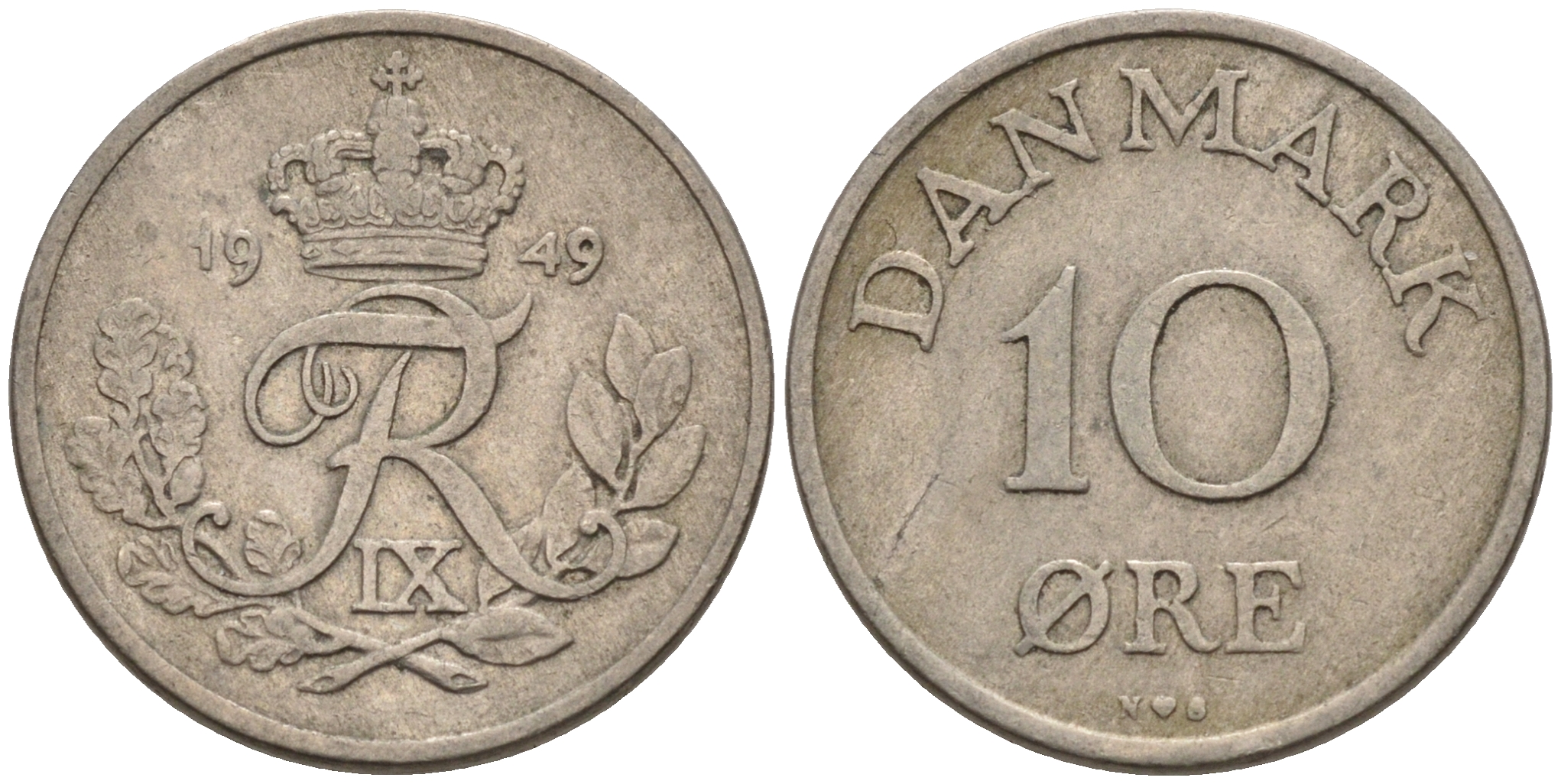 ДАНИЯ 10 ЭРЕ 1949 N; S, ФРЕДЕРИК IX (1947-1972) KM 841.1 медно-никель 4564-1214