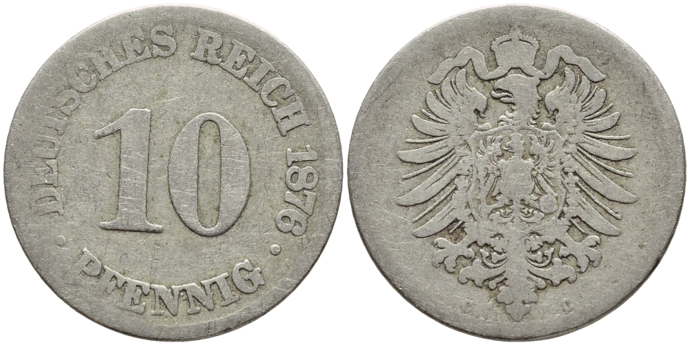 ГЕРМАНИЯ 10 ПФЕННИГОВ 1876 D, СТАРОГЕРБОВКА, KM 4, J. 4 медно-никель 4395-1231