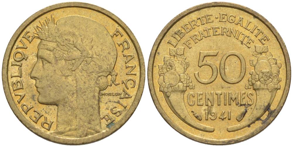Франция 50 сантимов 1941 тип Морлон KM 894.1, Le Franc 192.18 алюминиевая бронза 44-363