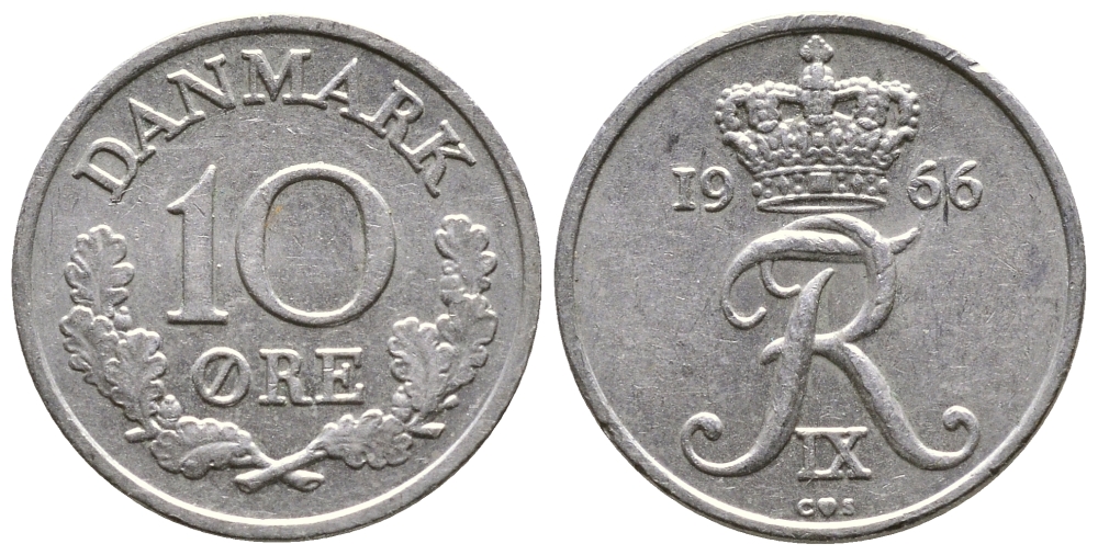 Дания 10 эре 1966 С; S, Фредерик IX (1947-1972) KM 849.1 медно-никель 26-921
