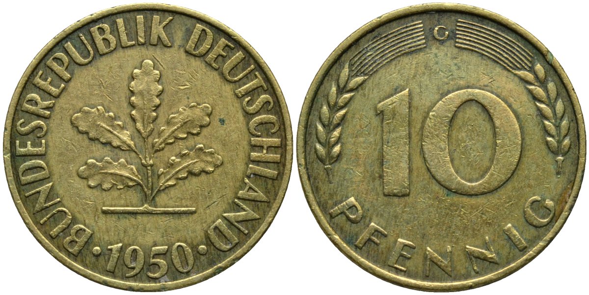 ФРГ 10 пфеннигов 1950 G KM 108 сталь плакированная латунью 4171-422
