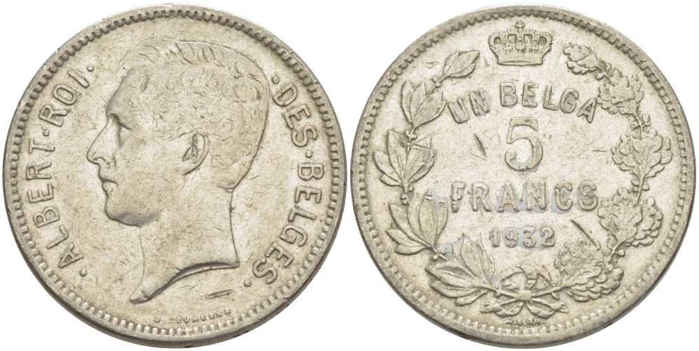 БЕЛЬГИЯ 5 ФРАНКОВ 1932 АЛЬБЕРТ I, DES BELGES KM 97.1 никель 3851-225