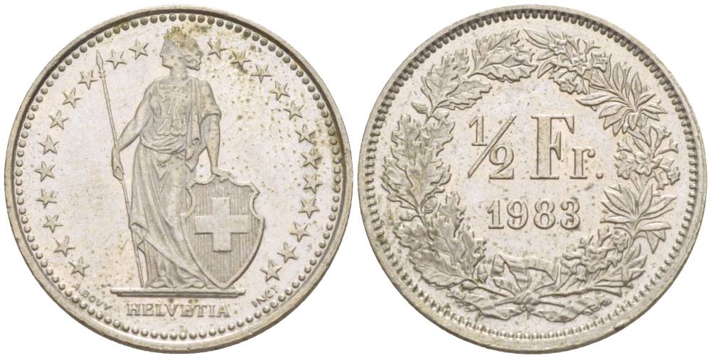 ШВЕЙЦАРИЯ 1/2 ФРАНКА 1983 KM 23а.3 медно-никель 4532-1056