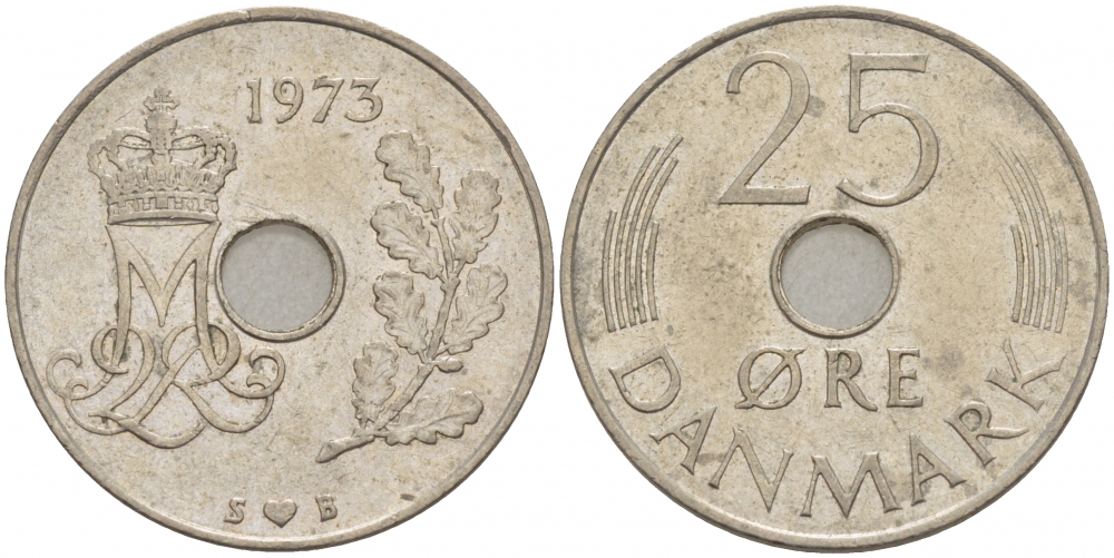 Дания 25 эре 1973 S; B, Маргрете II (1972- ) KM 861.1 медно-никель 4402-1244