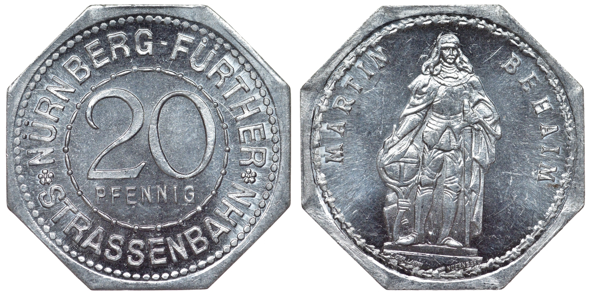 Германия, Нюрнберг - Фюрт 20 пфеннигов ND трамвайный жетон, Мартин Бехайм алюминий UNC 4119-732