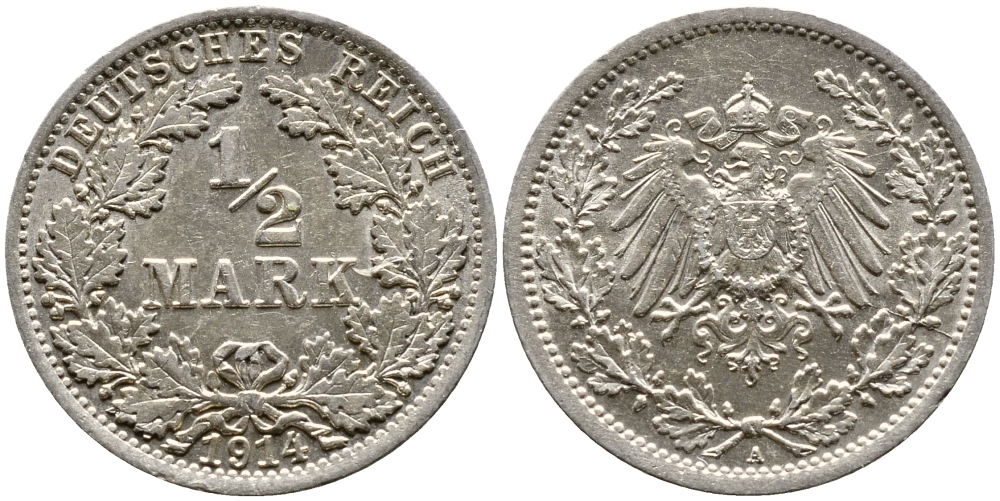 ГЕРМАНИЯ 1/2 МАРКИ 1914 A KM 17 серебро 4387-768