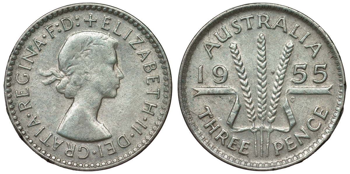 Австралия 3 пенса 1955 m, Елизавета II (1952-2022) KM 57 серебро 71-435