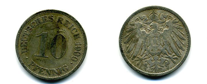 ГЕРМАНИЯ 10 ПФЕННИГОВ 1900 G KM 12, J. 13 медно-никель 56-421