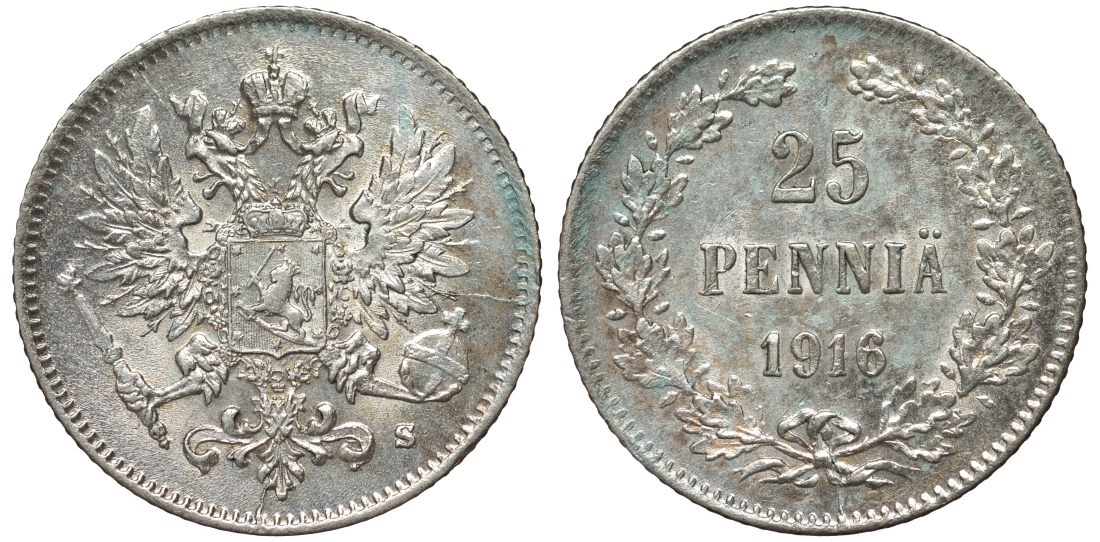 Россия для Финляндии 25 пенни 1916 S, Николай II (1894-1917) KM 6.2, Биткин 421 серебро 75-1352