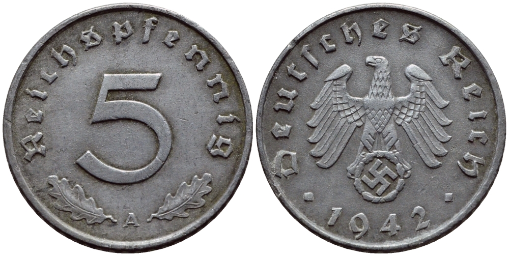 ГЕРМАНИЯ 5 РЕЙХСПФЕННИГОВ 1942 A, КМ 100, J. 370 цинк 4387-1247