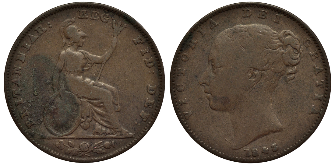 Великобритания 1 фартинг 1843 Виктория (1837-1901) KM 725, Spink 3950 медь 106-832