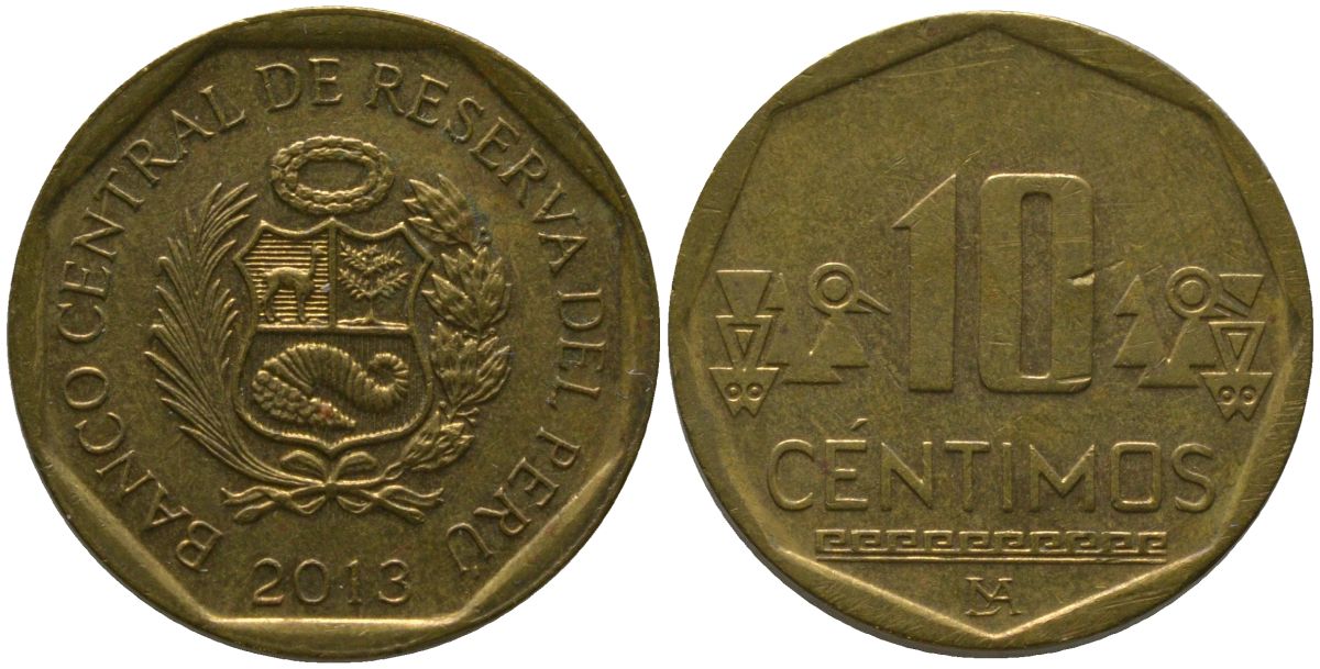 Перу 10 сентимо 2013 LIMA KM 305.4, Schon 104 латунь 4543-935