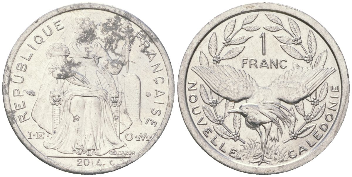 Французская Новая Каледония 1 франк 2014 птица кагу, (IEOM) KM 10, Schoen 10 алюминий 33-416