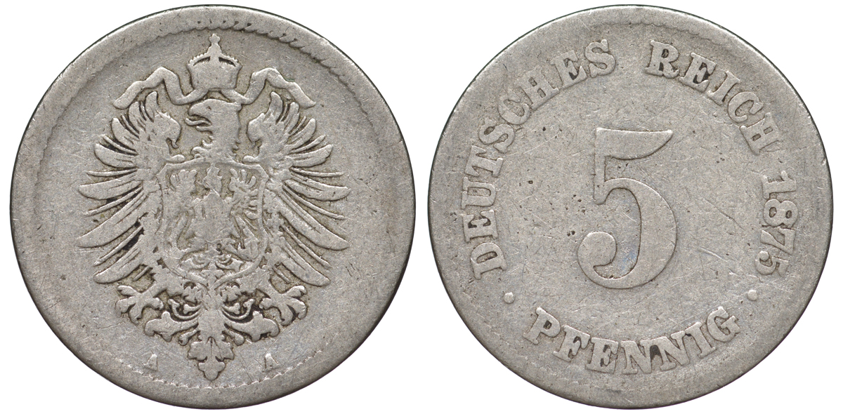 ГЕРМАНИЯ 5 ПФЕННИГОВ 1875 A, СТАРОГЕРБОВКА KM 3, J.3 медно-никель 45-439
