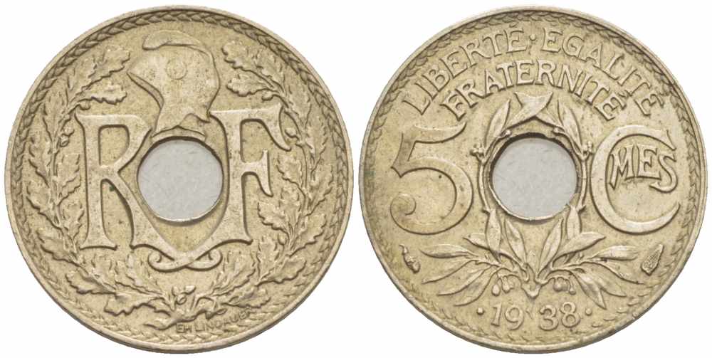 ФРАНЦИЯ 5 САНТИМОВ 1938 .1938. KM 875а, LE FRANC 123.3 никель бронза 105-414