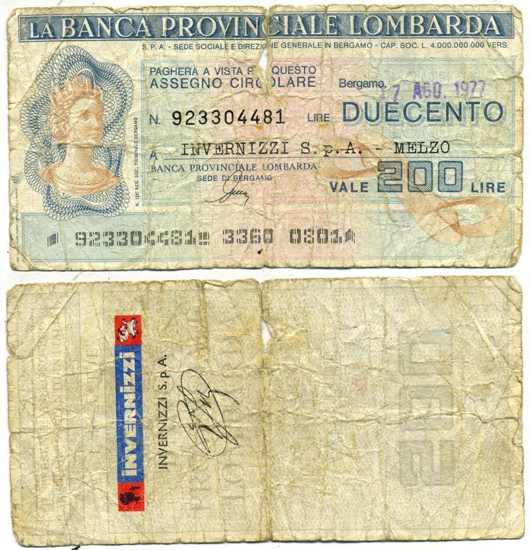 Италия 200 лир 1977 чек банка провинции lombarda бумага 7484-16-3
