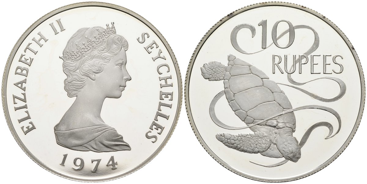 Сейшельские острова 10 рупий 1974 серия защита окружающей среды, зелёная морская черепаха, тираж 25000 экз. KM 20а серебро PROOF 1095-10-54