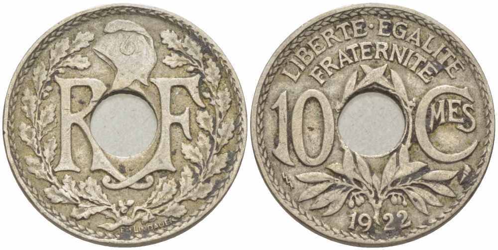 ФРАНЦИЯ 10 САНТИМОВ 1922 tb, ТИП ЛИНДАЙЁ, МОНЕТНЫЙ ДВОР ПУАССИ, МОЛНИЯ KM 866а, LE FRANC 138.7 медно-никель 108-135