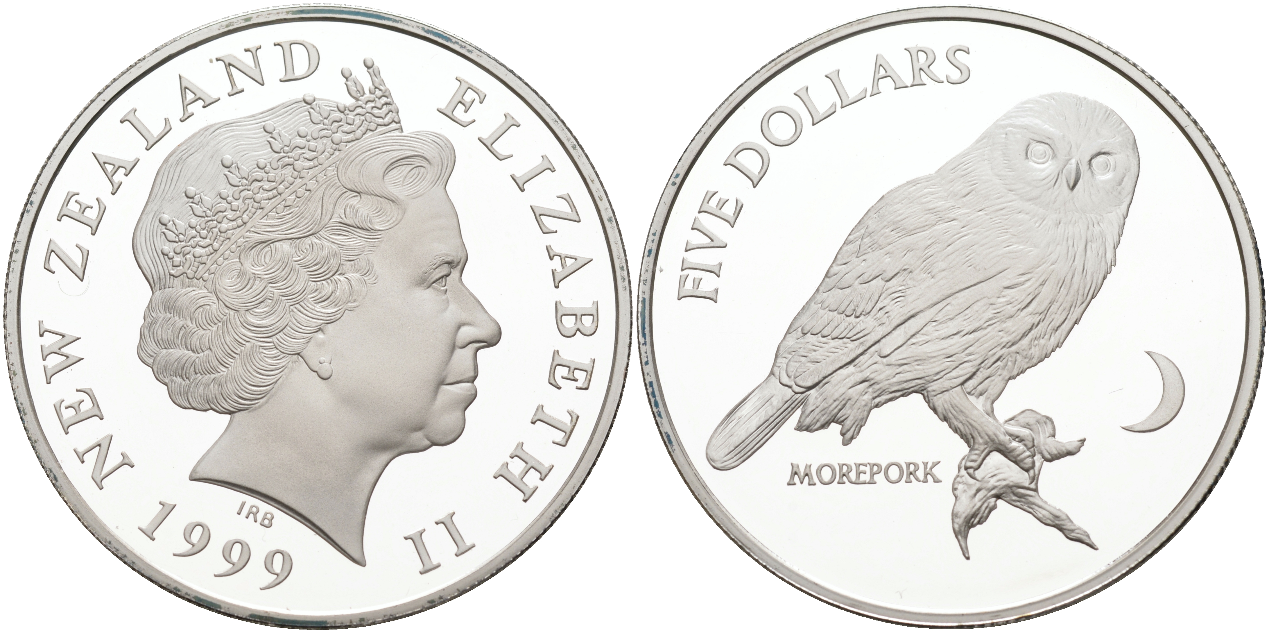 Новая Зеландия 5 долларов 1999 сова на ветке, morepork KM 115 a серебро  PROOF 00-000-00