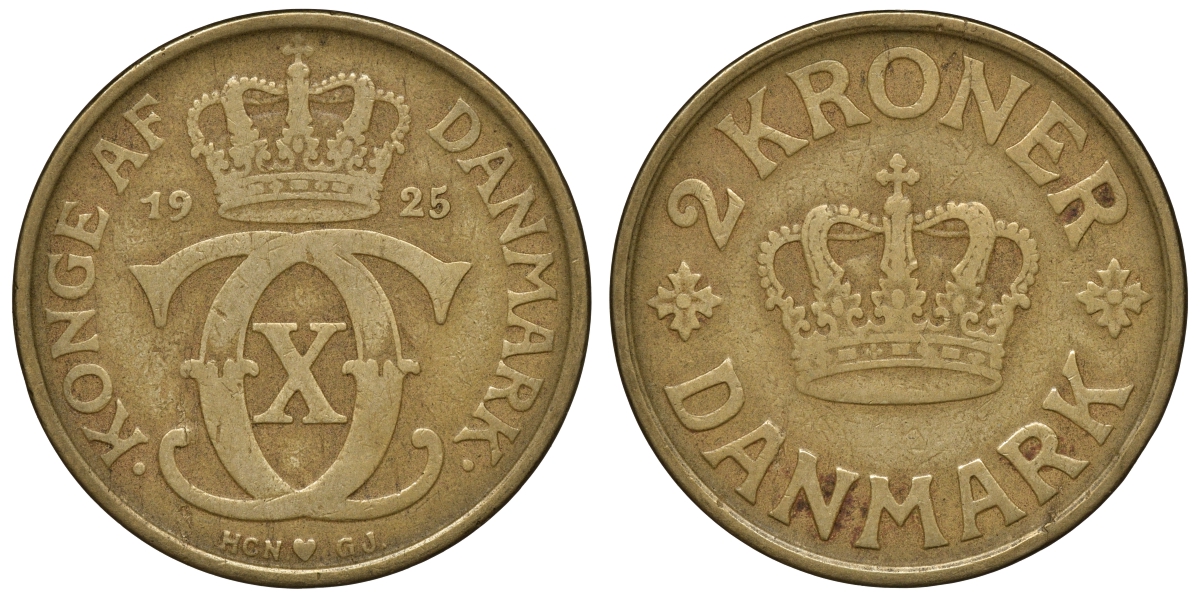 Дания 2 кроны 1925 HCN, GJ, Кристиан X (1912-1947) KM 825.1 алюминиевая бронза 4112-111