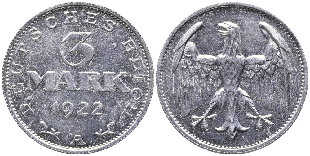 ГЕРМАНИЯ 3 МАРКИ 1922 А KM 28, J. 302 алюминий 38-236