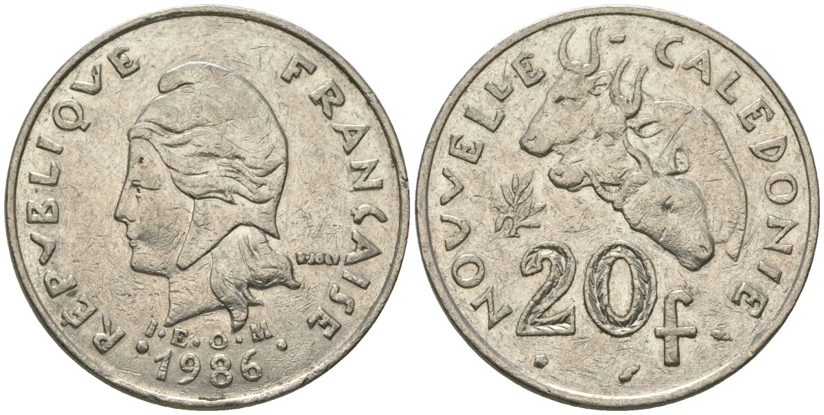 Французская Новая Каледония 20 франков 1986 три быка, (IEOM) KM 12, Schoen 14, Lec 112 никель 4680-234