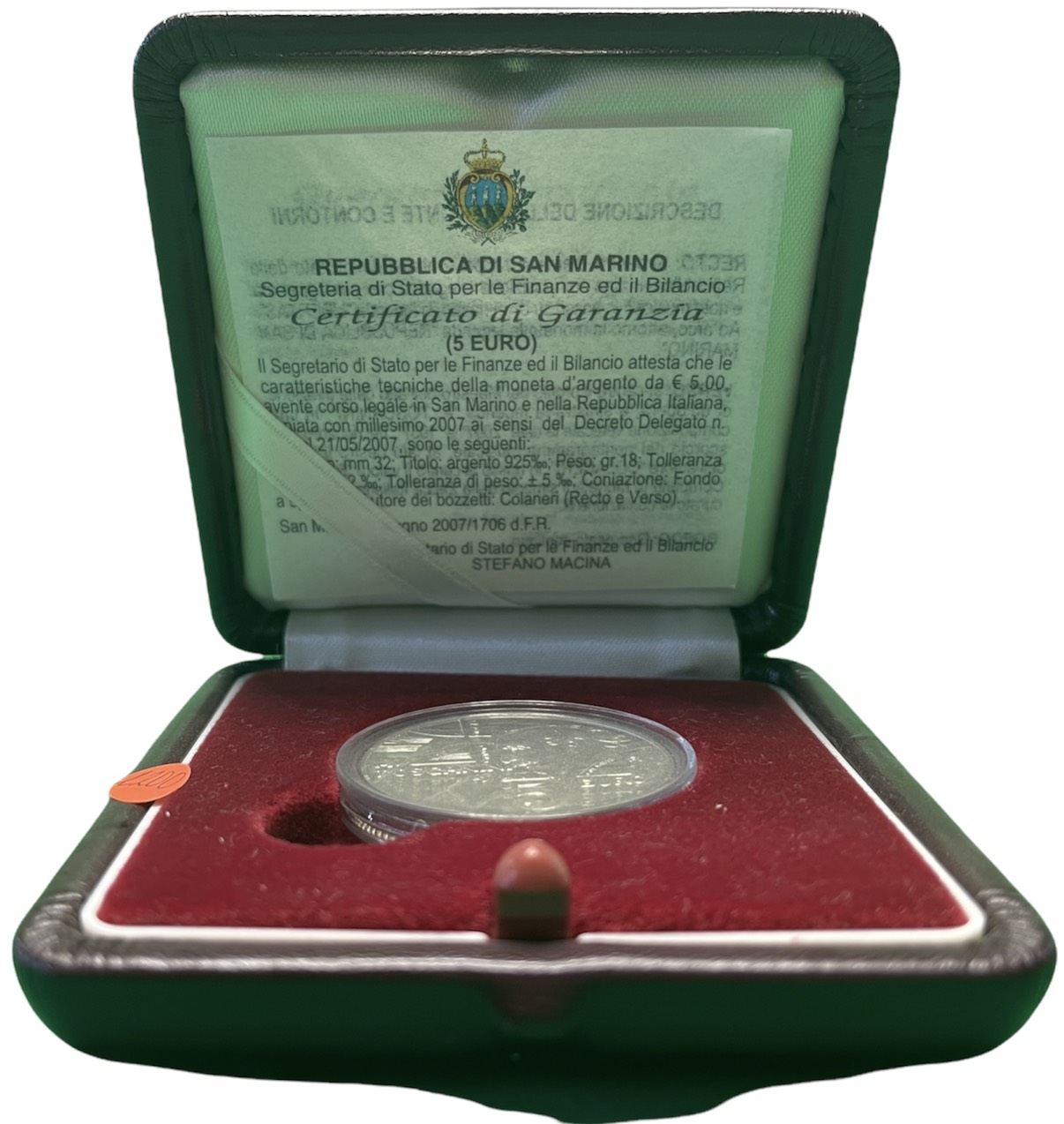 Сан-Марино 5 евро 2007 дирижер Артуро Тосканини, в оригинальной коробке, с сертификатом KM 474 серебро PROOF 4-5-1-17