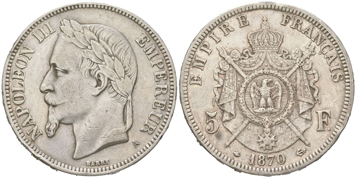 Франция 5 франков 1870 A, Наполеон III (1852-1870) KM 799.1 серебро 4044-515