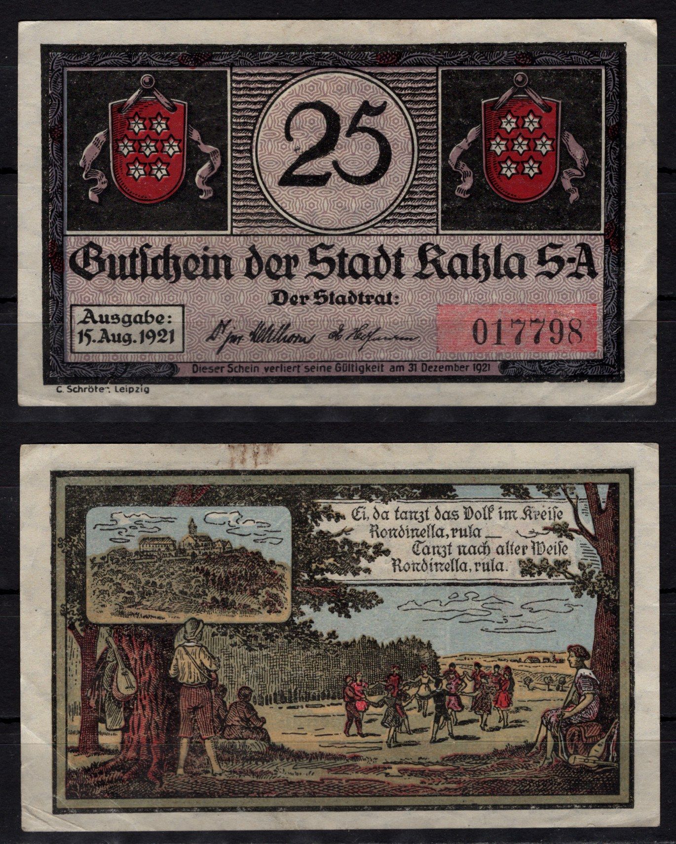 Германия 25 пфенингов 1921 нотгельд, город Кахла P 668.2a, 668.3a 1/3 бумага 7198-42-2-1
