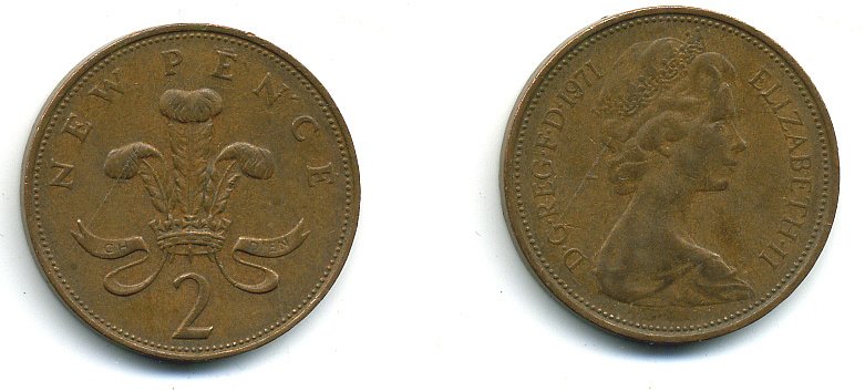 Великобритания 2 пенса 1971 Елизавета II (1952-2022) КМ 916, Spink 4235 (C1) бронза 4110-654