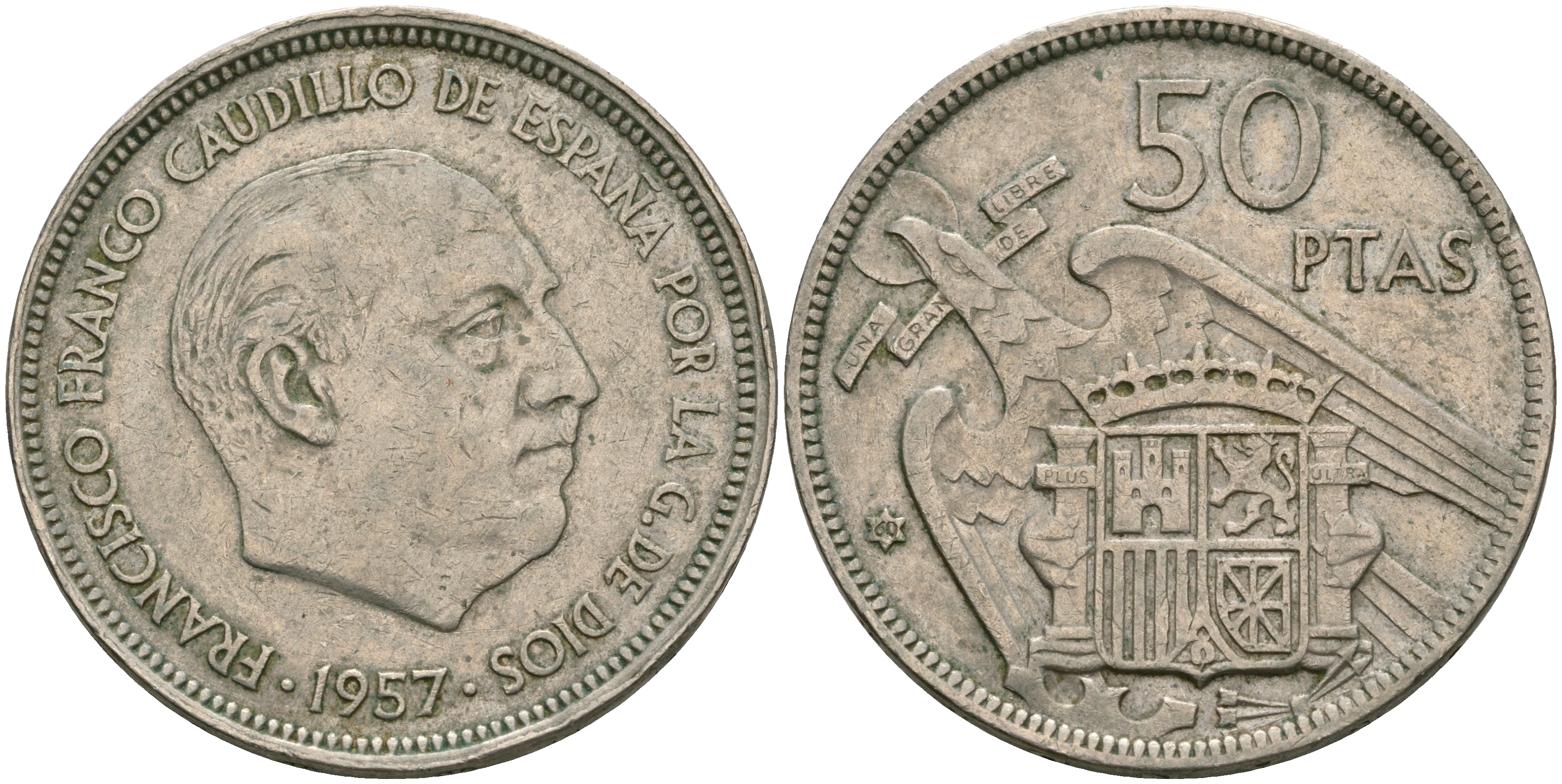 Испания 50 песет 1957 (60) Франциско Франко (1939-1975) KM 788 медно-никель 08-644