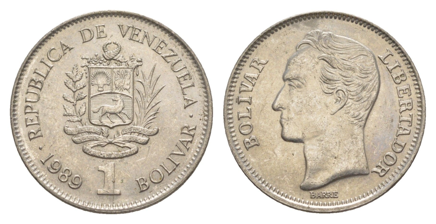 Венесуэла 1 боливар 1989 Симон Боливар, толстый шрифт Y 52a.2 сталь плакированная никелем 4586-1232