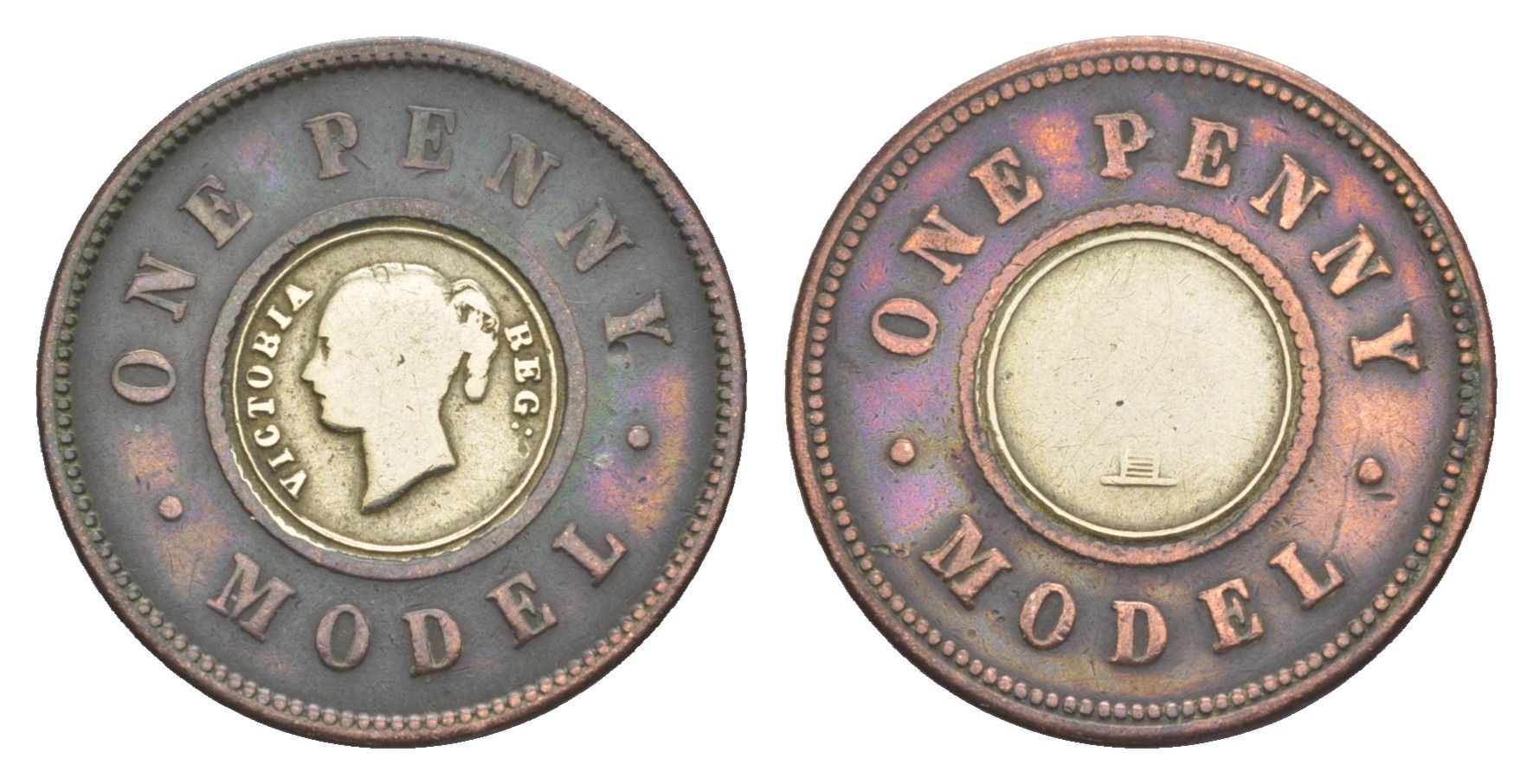 Великобритания 1 пенни ND (1844) модель монеты Виктории в 1 пенни, Джозеф Мур X 9 биметалл 1522-635