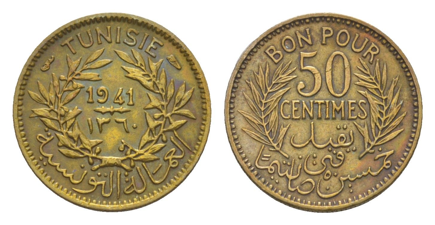 Тунис 50 сантимов 1941 KM 246 алюминиевая бронза 4380-1115