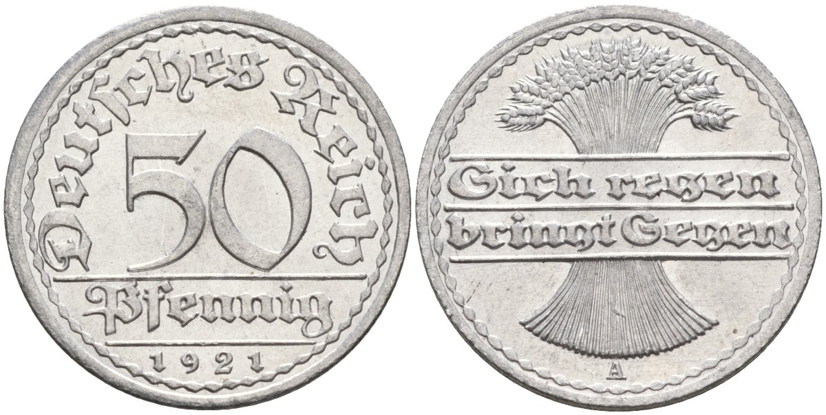 Германия 50 пфеннигов 1921 A KM 27, J.301, Weege 10 алюминий UNC 4584-831