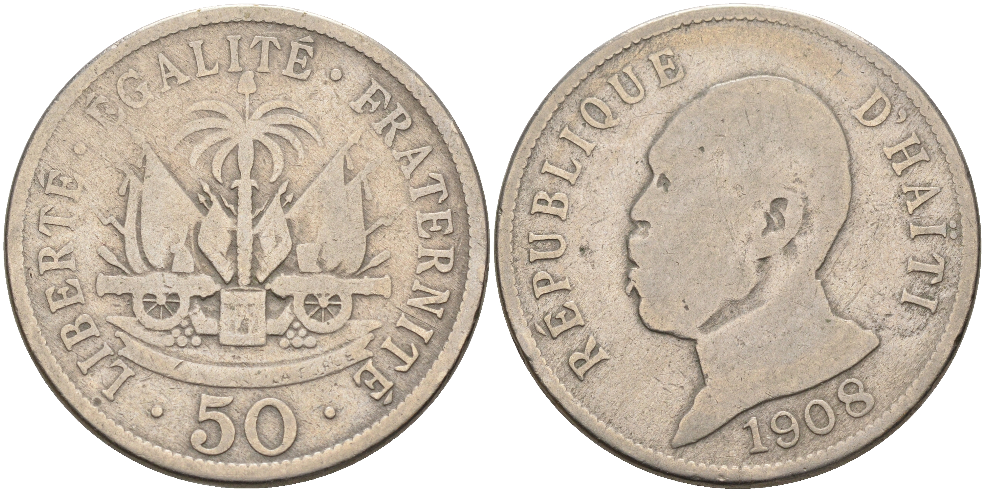 Гаити 50 сантимов 1908 Президент Пьер Нор Алексис KM 56 медно-никель 4565-812