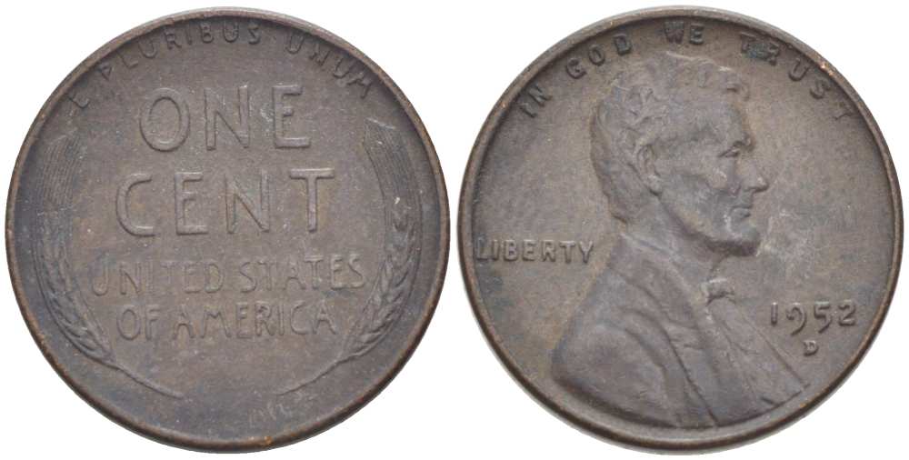 США 1 ЦЕНТ 1952 D, ЛИНКОЛЬН KM А132 медь цинк 218-962