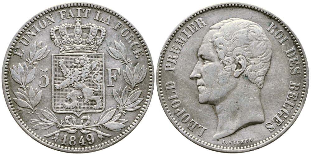 Бельгия 5 франков 1849 Леопольд I (1831-1865) KM 17 серебро 74-1122