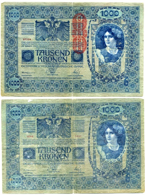 АВСТРИЯ 1000 КРОН 1919 КРАСНАЯ ВЕРТИКАЛЬНАЯ НАДПЕЧАТКА НА 1902 Pick 59 бумага 7146-55-1-2