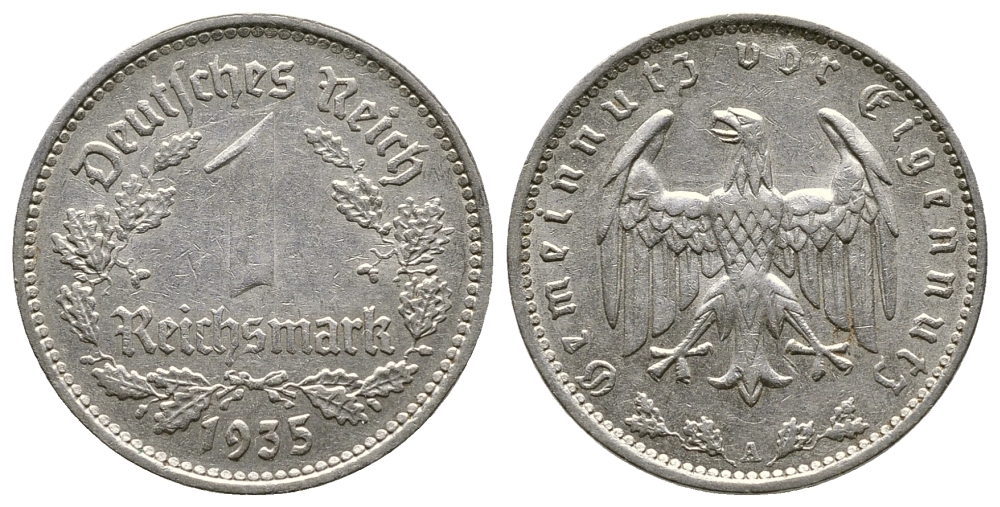 ГЕРМАНИЯ 1 РЕЙХСМАРКА 1935 А KM 78, J. 354 никель 4380-524