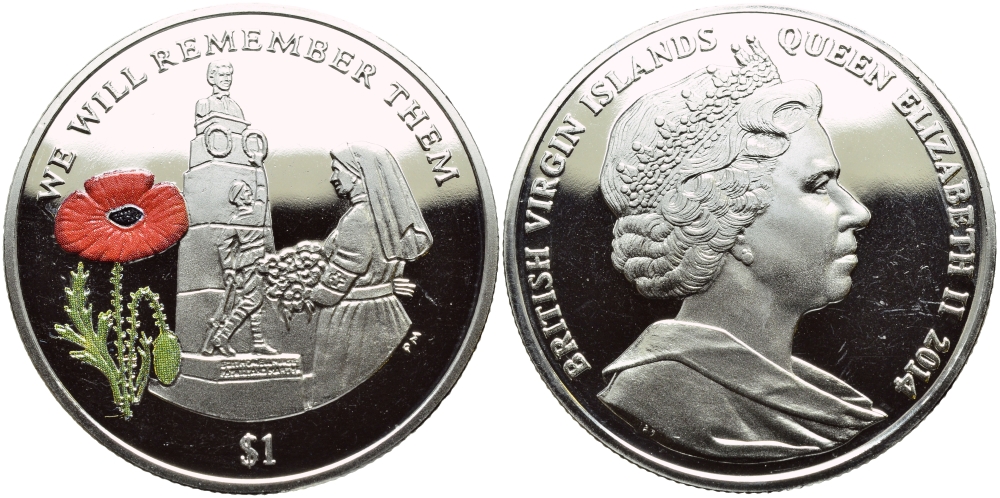 Британские Виргинские острова 1 доллар 2014 в память героев первой мировой войны, памятник, красный мак KM NEW медно-никель, эмаль  PROOF  1071-4-23