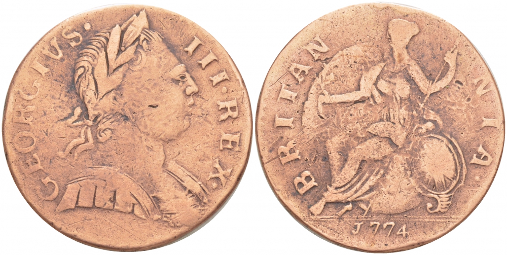 Великобритания 1/2 пенни 1774 Георг III (1760-1820) Spink 3774, KM 601 медь 4403-713