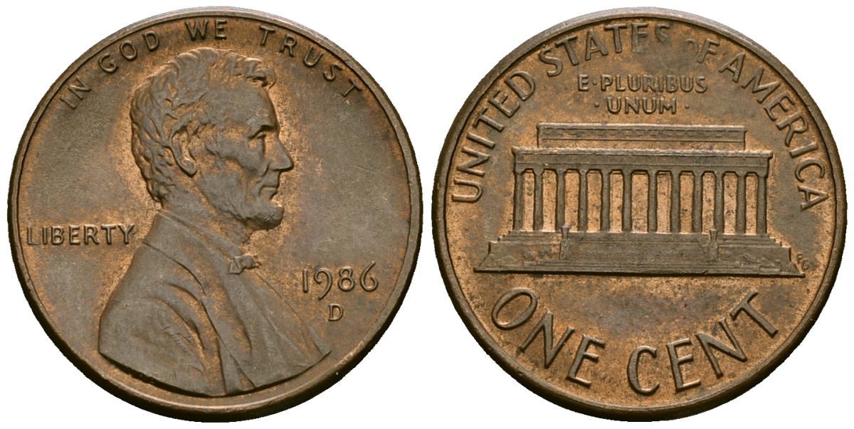 США 1 цент 1986 D, Линкольн KM 201b цинк плакированный медью 4136-268